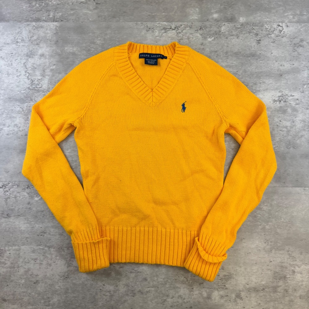 Ralph Lauren Yellow V-Neck Cotton Knit Sweater Small Blue Pony Raglan Sleeves